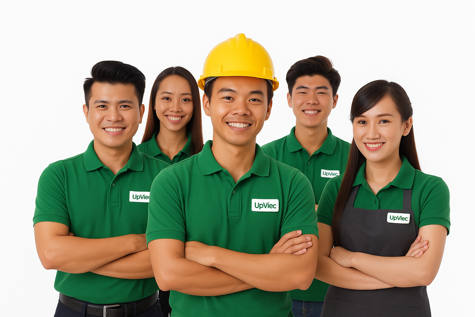 Person holding a phone showing the UpViec app